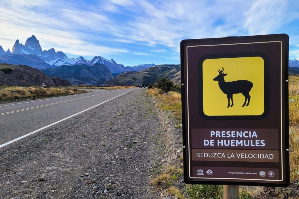 entrance to el chalten patagonia with a deer on a post