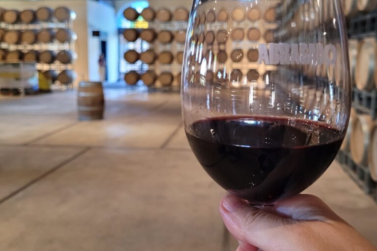 a hand holding a glass in a room full of wine barrels