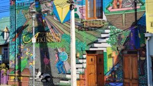 Building façade covered with a colorful mural