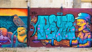 Graffiti art on a wall, with bright colors and intricate patterns.