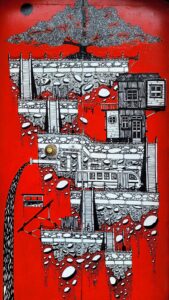 Black and white illustration on a red door