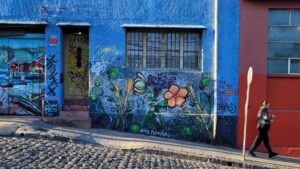 Bleu and red houses on the sloped road