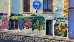 Fruit still-life mural on a fruit store