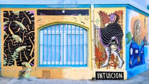 Back and yellow mural with spiritual theme