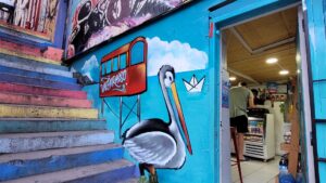 Pelican painted on the wall of a convenience store