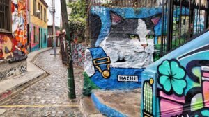 Alley cat painted on a blue wall