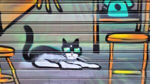 Cool cat with sunglasses painted on a garage door