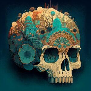Detailed floral skull with cities and mushrooms