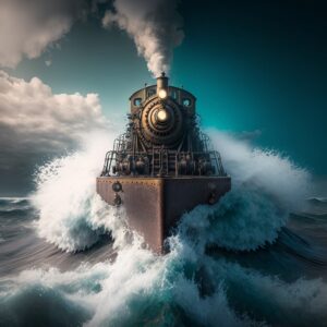 Photo of an old steam train riding the ocean