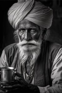 Black and white photo of an old man in a turban