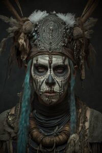 Photo of a woman with a black and white skull painted on her face