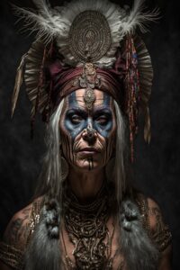 Photorealistic old native woman in a head dress