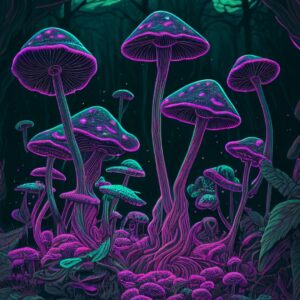 Bright purple and green mushrooms