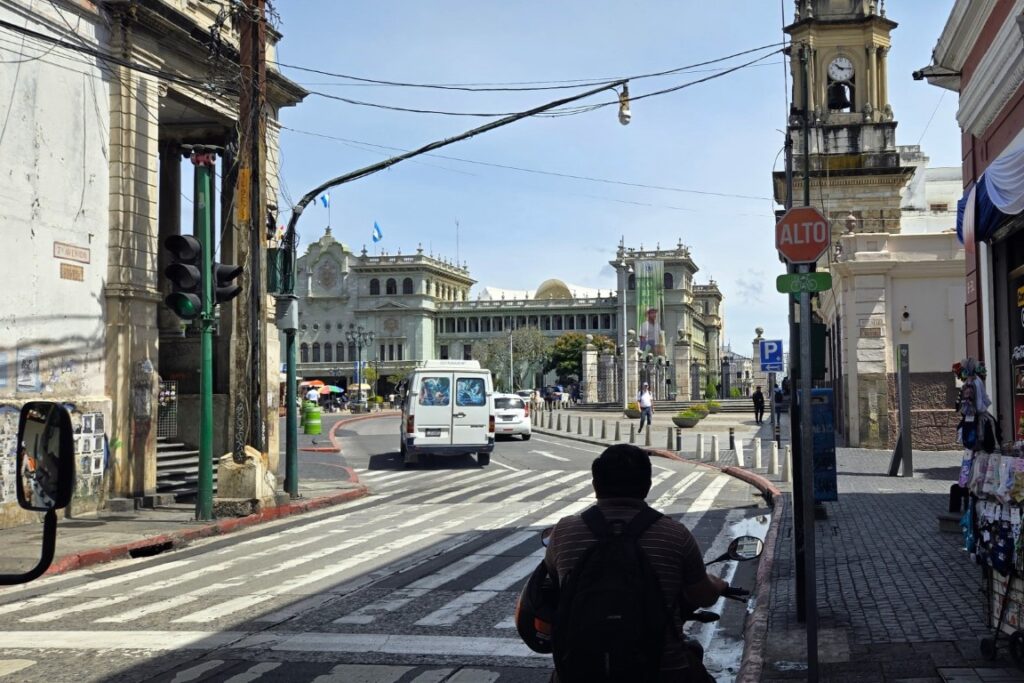 dark silhouette facing an historical building