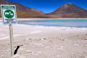 sign post with animal in from of a frozen lake
